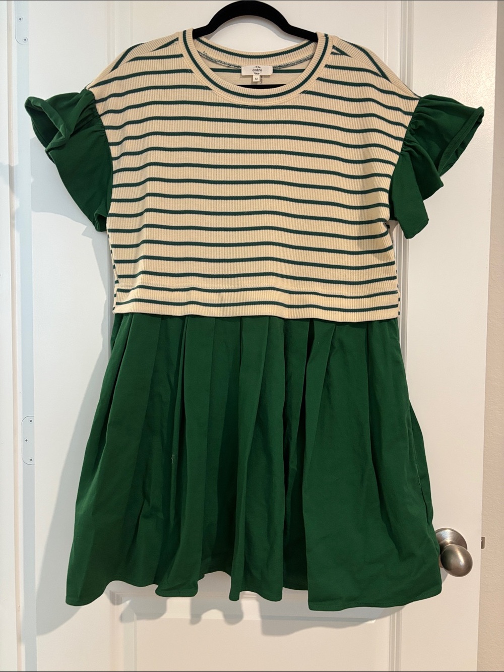 entro Cream & Green Striped Knit Top Mini Dress